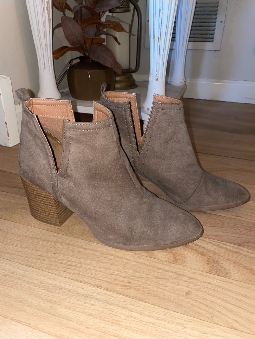Women's Taupe Suede Ankle Booties - Low Block Heel